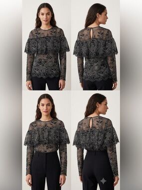 Zara Women's Black Lace Overlay Long-Sleeve Top